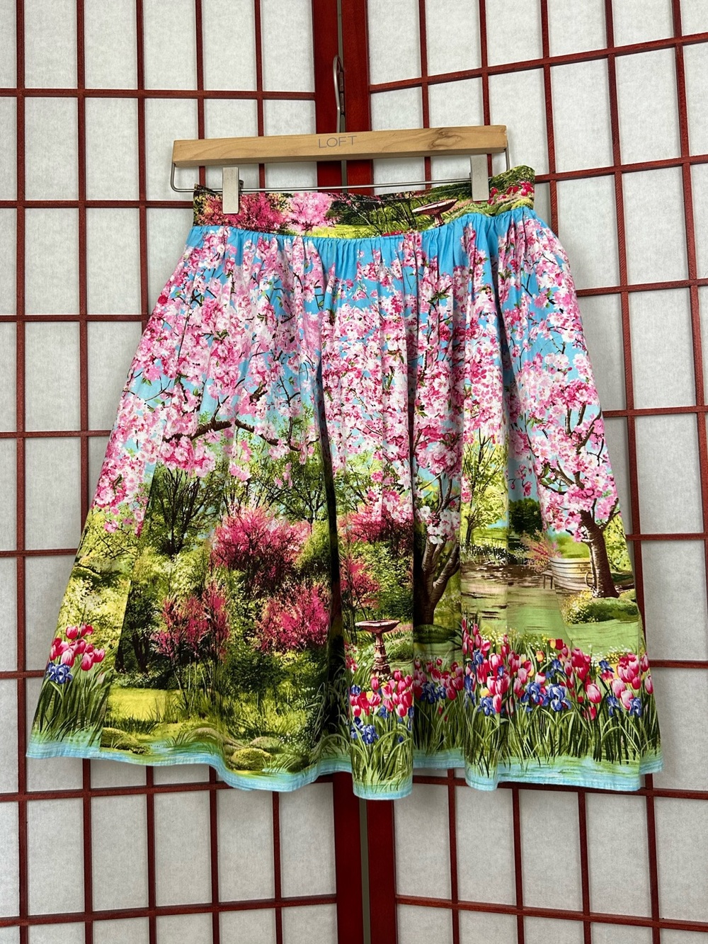 Vintage Bernie Dexter Cherry Blossom Floral Knee Length Scenery Skirt Pin Up